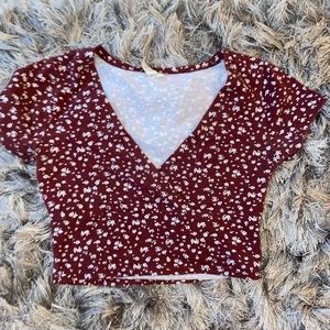 Red Flower V-neck crop top